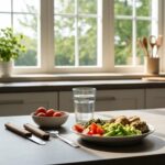 Healthy meal plate for endomorphs featuring lean proteins, vegetables, and whole grains in a bright kitchen setting