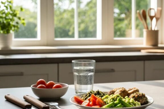 Healthy meal plate for endomorphs featuring lean proteins, vegetables, and whole grains in a bright kitchen setting