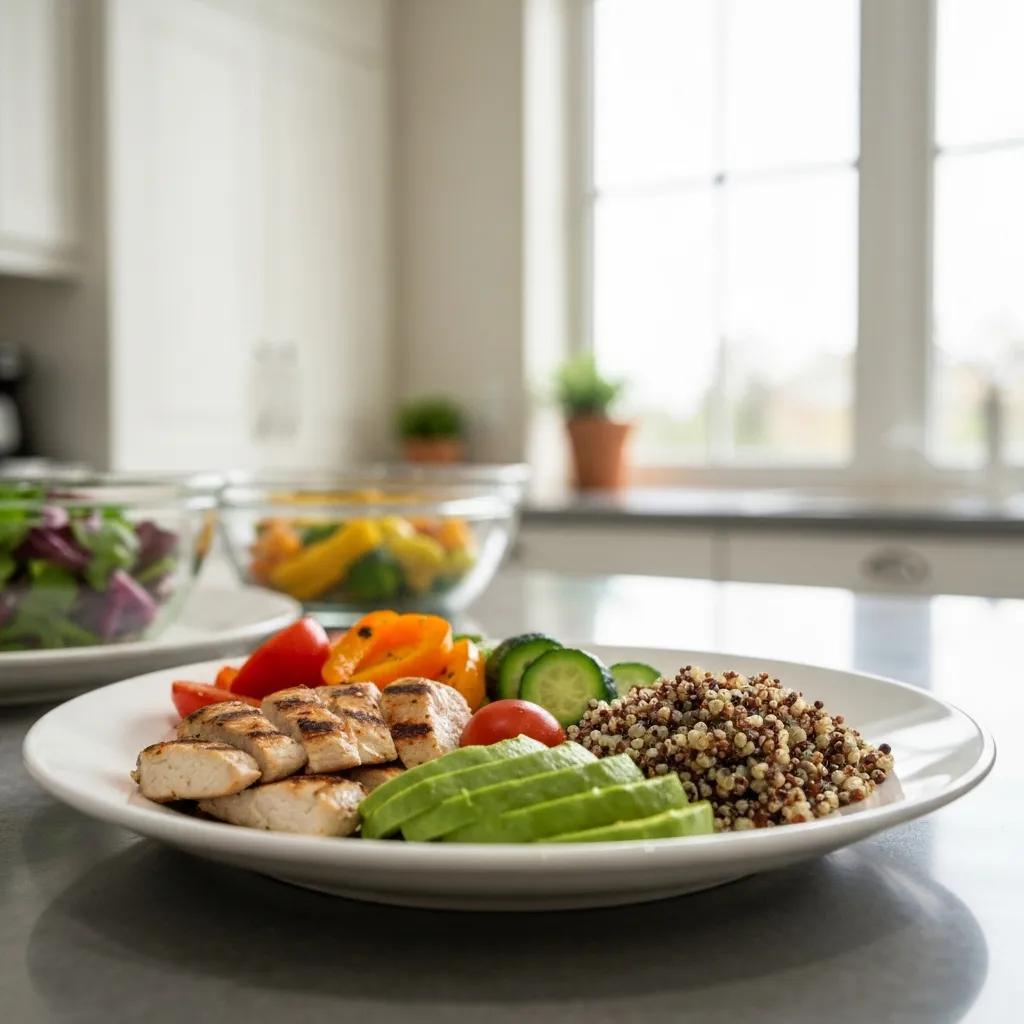 Gesunder Teller für Mesomorphe mit Protein, Kohlenhydraten und gesunden Fetten