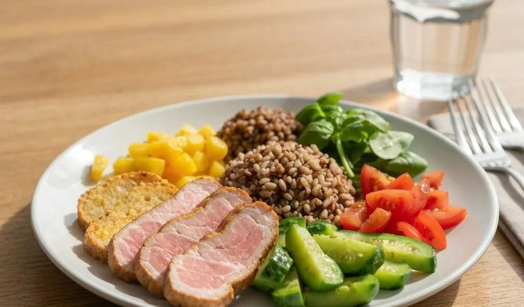 Healthy meal plate with lean proteins, vegetables, and whole grains representing mesomorph diet principles