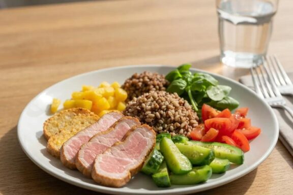 Healthy meal plate with lean proteins, vegetables, and whole grains representing mesomorph diet principles