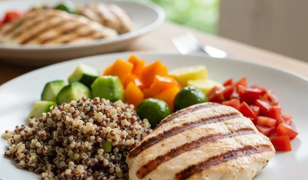 Healthy meal plate with protein-rich foods and colorful vegetables representing an endomorph diet plan