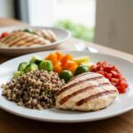 Healthy meal plate with protein-rich foods and colorful vegetables representing an endomorph diet plan