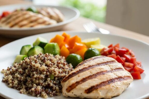 Healthy meal plate with protein-rich foods and colorful vegetables representing an endomorph diet plan