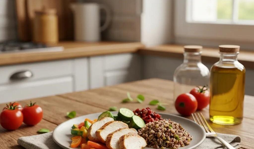 Healthy meal plate with protein-rich foods and vegetables representing the Endomorph diet