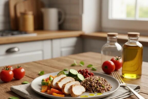 Healthy meal plate with protein-rich foods and vegetables representing the Endomorph diet