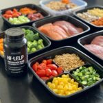 Healthy meal prep for mesomorphs with lean proteins, carbs, and pre-workout supplement, showcasing balanced nutrition