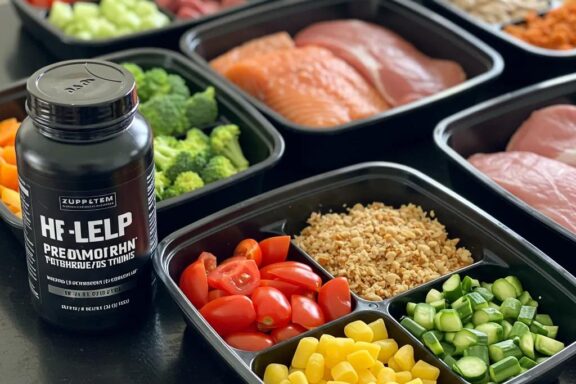 Healthy meal prep for mesomorphs with lean proteins, carbs, and pre-workout supplement, showcasing balanced nutrition