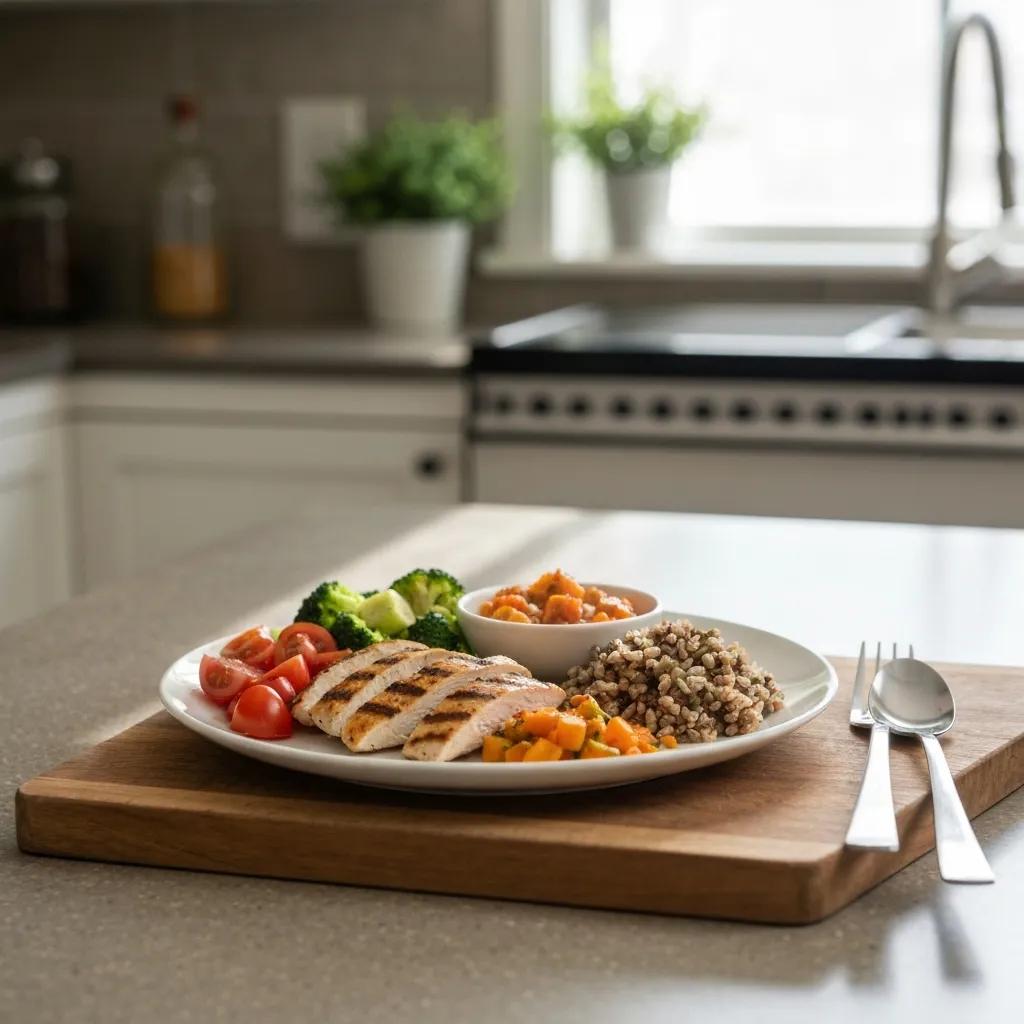 Vorbereitete proteinreiche Mahlzeiten mit viel Gemüse – Beispiel für einen geeigneten Ernährungsplan