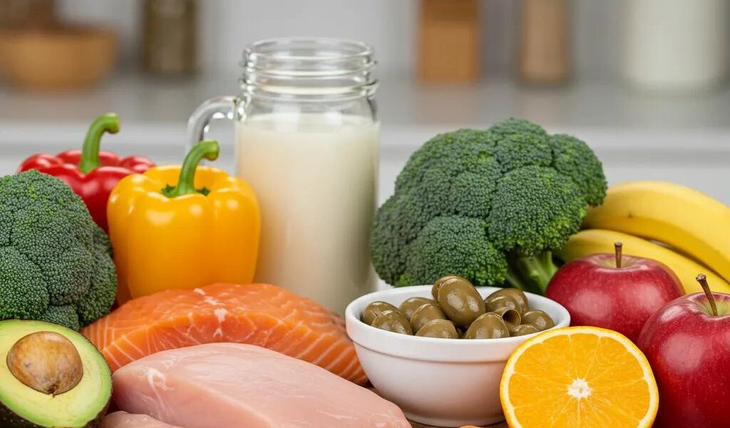 Healthy meal preparation with colorful fruits and vegetables representing daily calorie needs