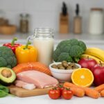 Healthy meal preparation with colorful fruits and vegetables representing daily calorie needs