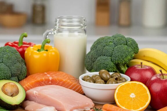 Healthy meal preparation with colorful fruits and vegetables representing daily calorie needs