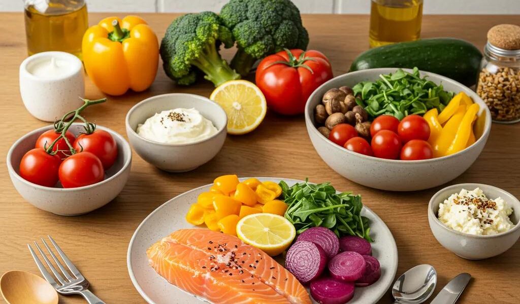 Gesunde Mahlzeit mit Proteinen, guten Fetten und Gemüse – Symbol für hormonelles Gleichgewicht