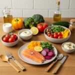 Gesunde Mahlzeit mit Proteinen, guten Fetten und Gemüse – Symbol für hormonelles Gleichgewicht