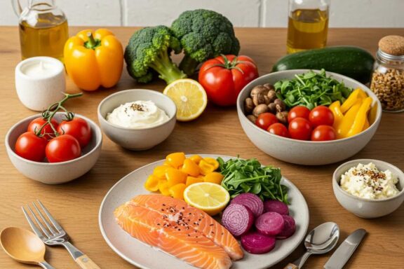 Gesunde Mahlzeit mit Proteinen, guten Fetten und Gemüse – Symbol für hormonelles Gleichgewicht