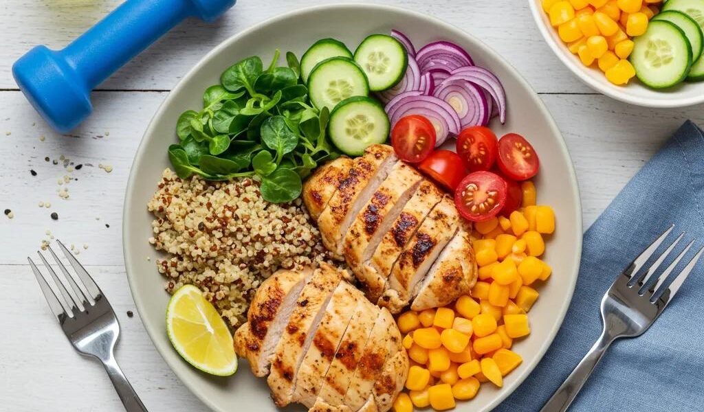 Healthy post-workout meal with grilled chicken, quinoa, and fresh vegetables in a bright kitchen