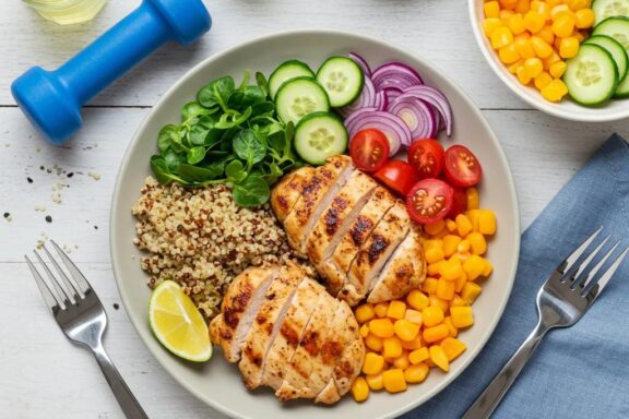 Healthy post-workout meal with grilled chicken, quinoa, and fresh vegetables in a bright kitchen