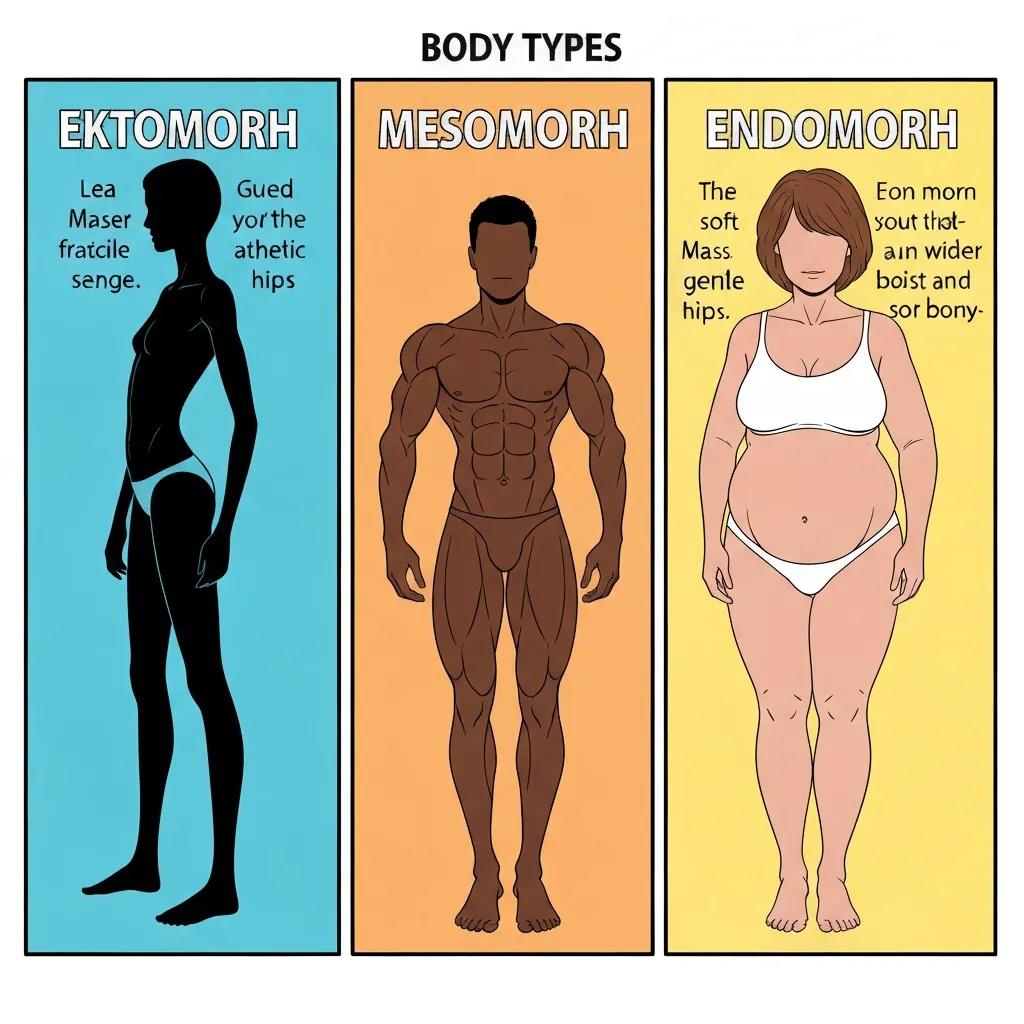 Illustration der Körpertypen Ektomorph, Mesomorph und Endomorph mit ihren Merkmalen