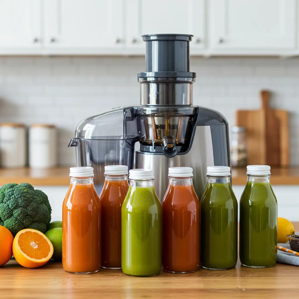 Entsafter und vorbereitete zuckerarme Säfte in Flaschen – praktisch vorbereitet für eine Kur