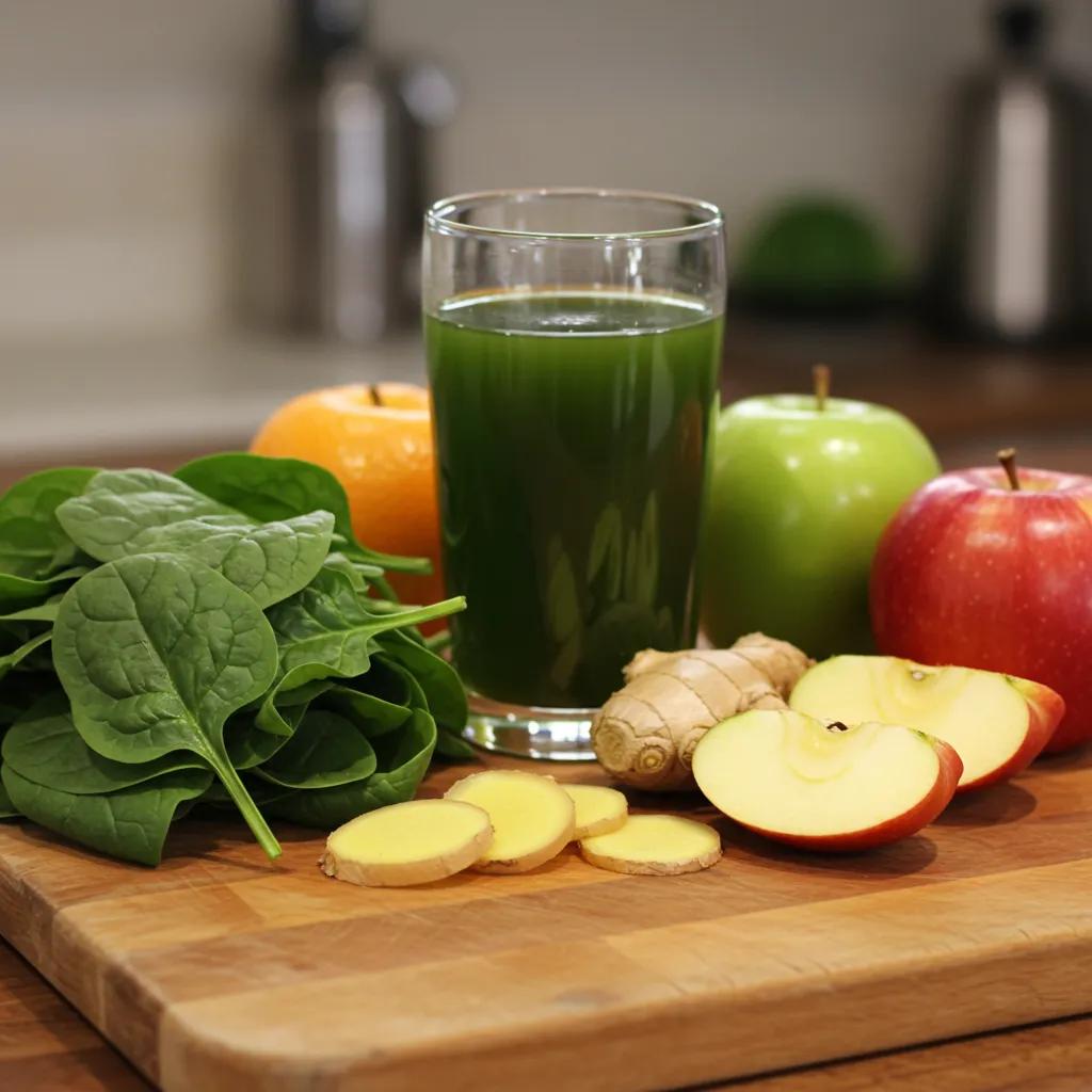 Wichtige Saft‑Zutaten: Spinat, Ingwer und Äpfel auf einem Schneidebrett