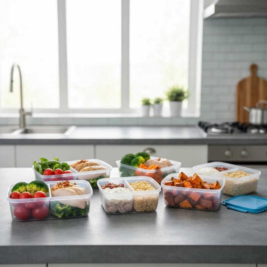 Meal‑Prep‑Boxen mit ausgewogenen, proteinreichen Mahlzeiten – Beispiel für Endomorphernährung