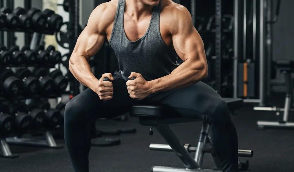 Mesomorph individual exercising in a gym, showcasing strength and athleticism