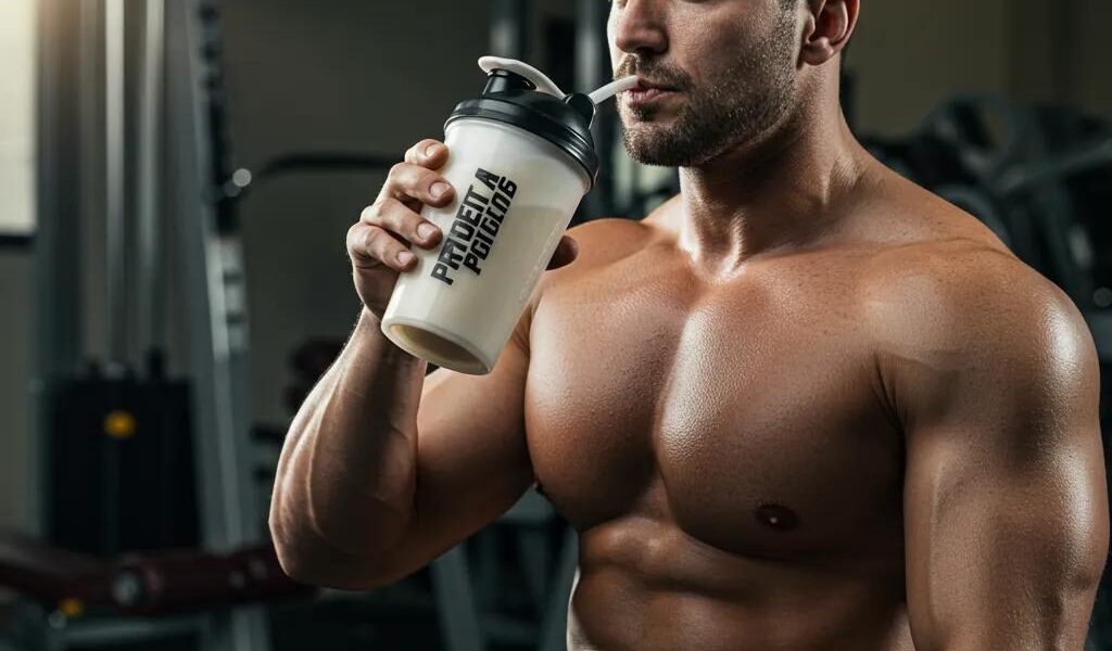 Muscular individual drinking a protein shake after workout, emphasizing muscle recovery