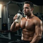Muscular individual drinking a protein shake after workout, emphasizing muscle recovery