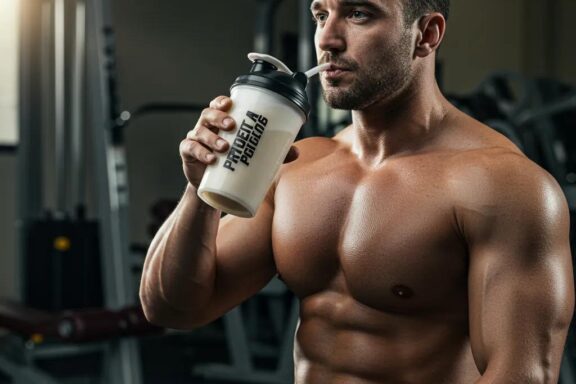 Muscular individual drinking a protein shake after workout, emphasizing muscle recovery