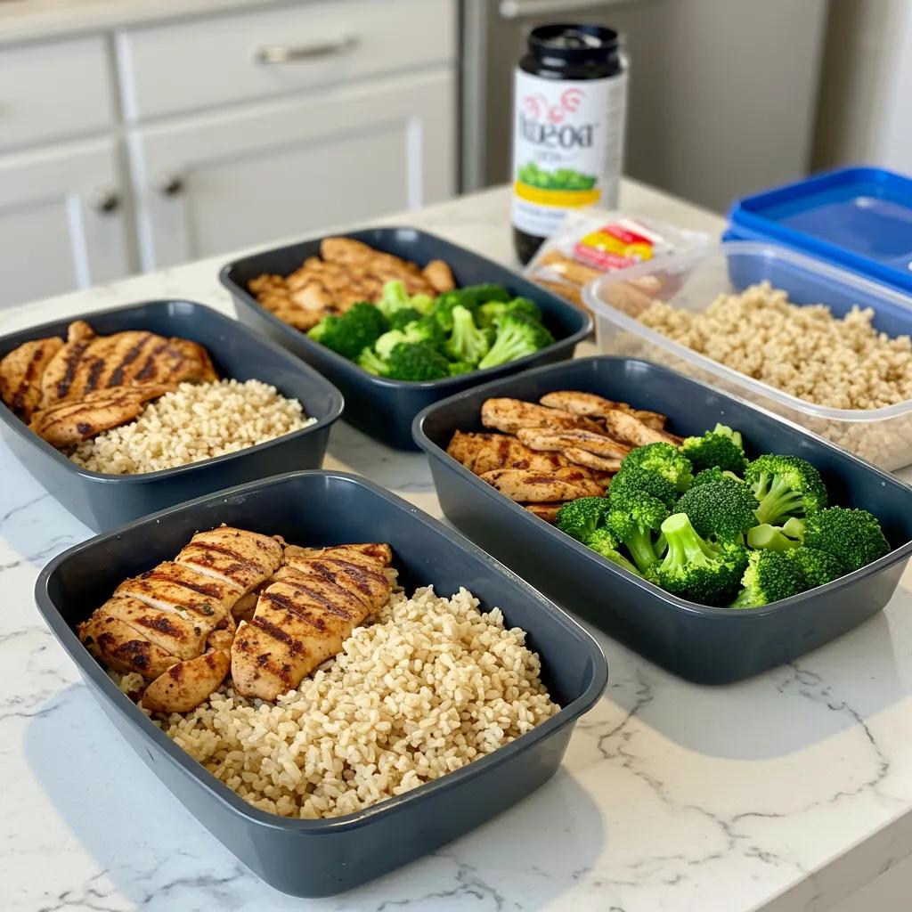 Gepackte Meal‑Prep‑Behälter mit gesunden Clean‑Eating‑Mahlzeiten