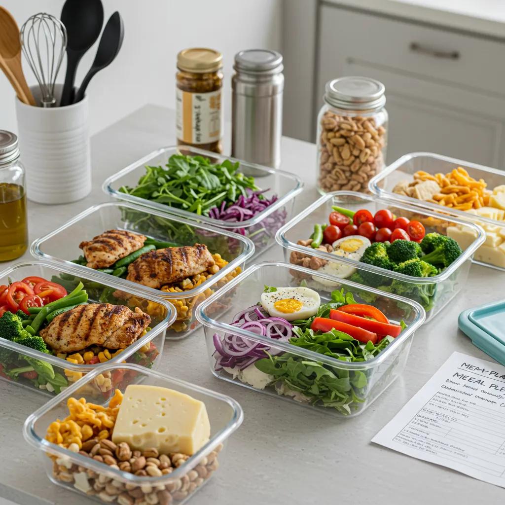 Meal‑Prep: Vorbereitete Low‑Carb‑Mahlzeiten mit Salat, gegrilltem Hähnchen und Gemüse