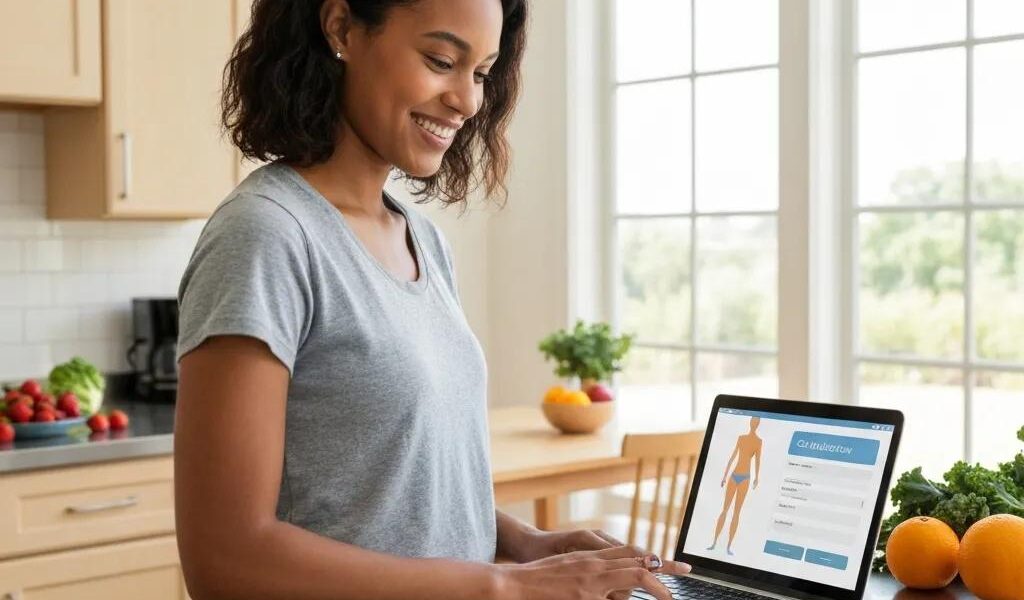Person calculating BMI on a laptop in a bright kitchen with healthy food around