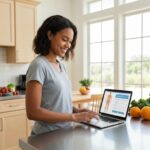 Person calculating BMI on a laptop in a bright kitchen with healthy food around