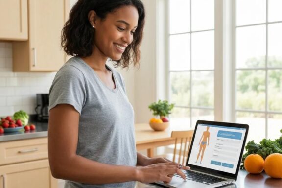 Person calculating BMI on a laptop in a bright kitchen with healthy food around