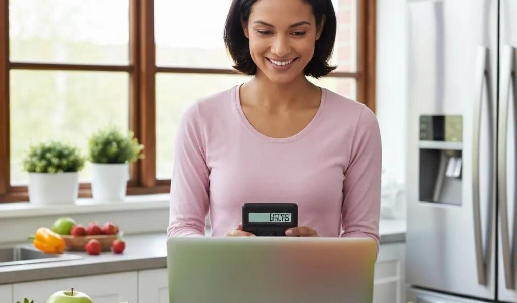 Person calculating BMI on a laptop in a bright kitchen with healthy food options