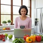 Person calculating BMI on a laptop in a bright kitchen with healthy food options