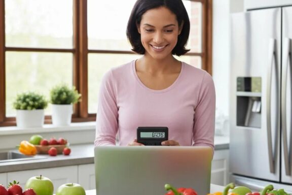 Person calculating BMI on a laptop in a bright kitchen with healthy food options