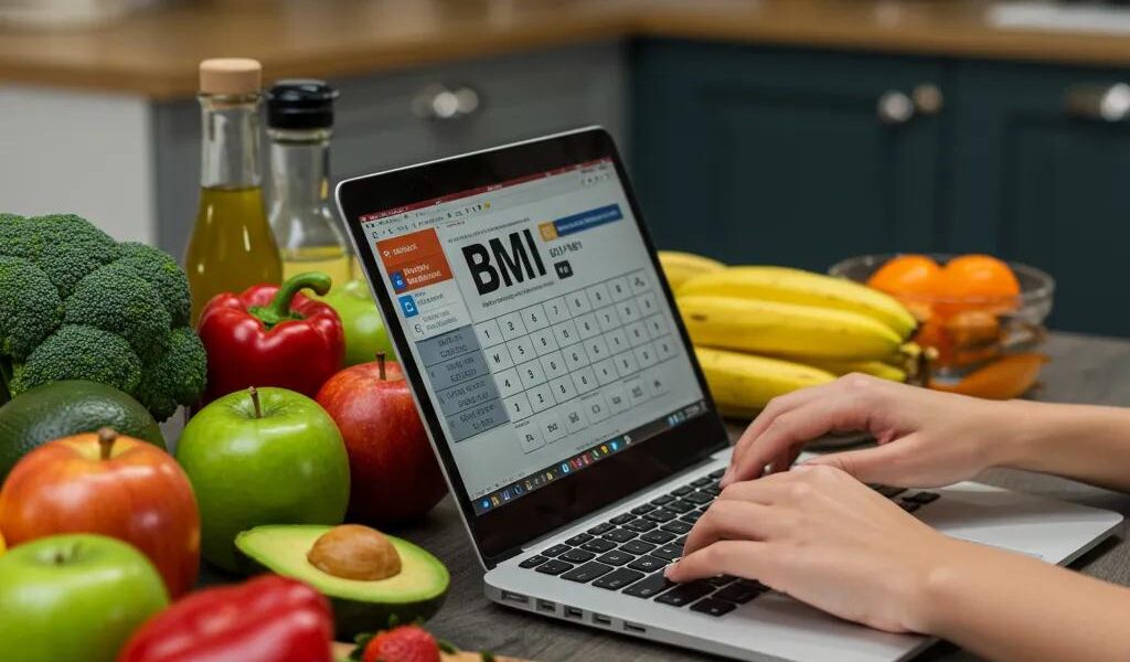 Person calculating BMI on a laptop in a bright kitchen with healthy food options