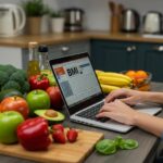 Person calculating BMI on a laptop in a bright kitchen with healthy food options