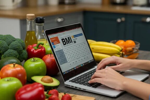 Person calculating BMI on a laptop in a bright kitchen with healthy food options