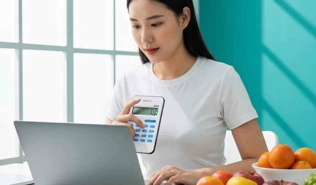 Person calculating BMI with a laptop, surrounded by healthy lifestyle items