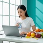 Person calculating BMI with a laptop, surrounded by healthy lifestyle items