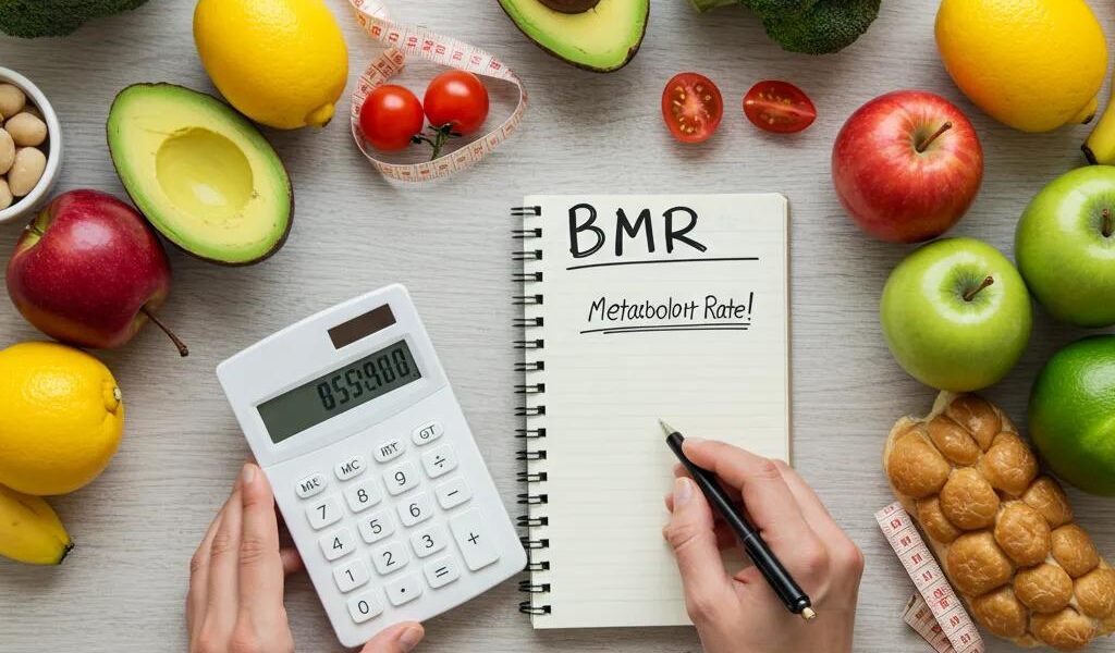 Person calculating caloric needs with healthy food options