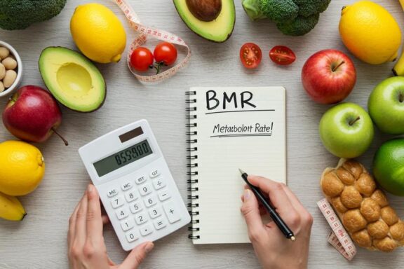 Person calculating caloric needs with healthy food options