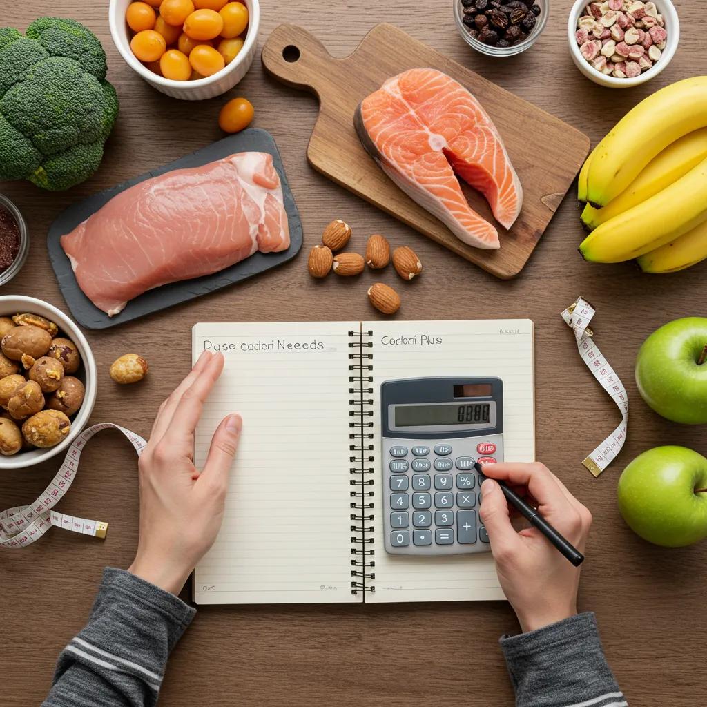 Person berechnet Kalorienbedarf, umgeben von gesunden Lebensmitteln
