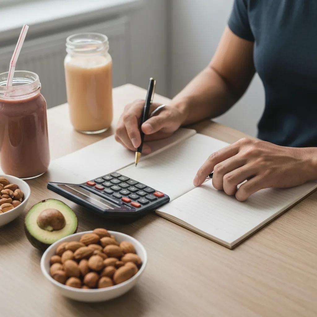 Person berechnet Kalorienbedarf mit gesunden Lebensmitteln