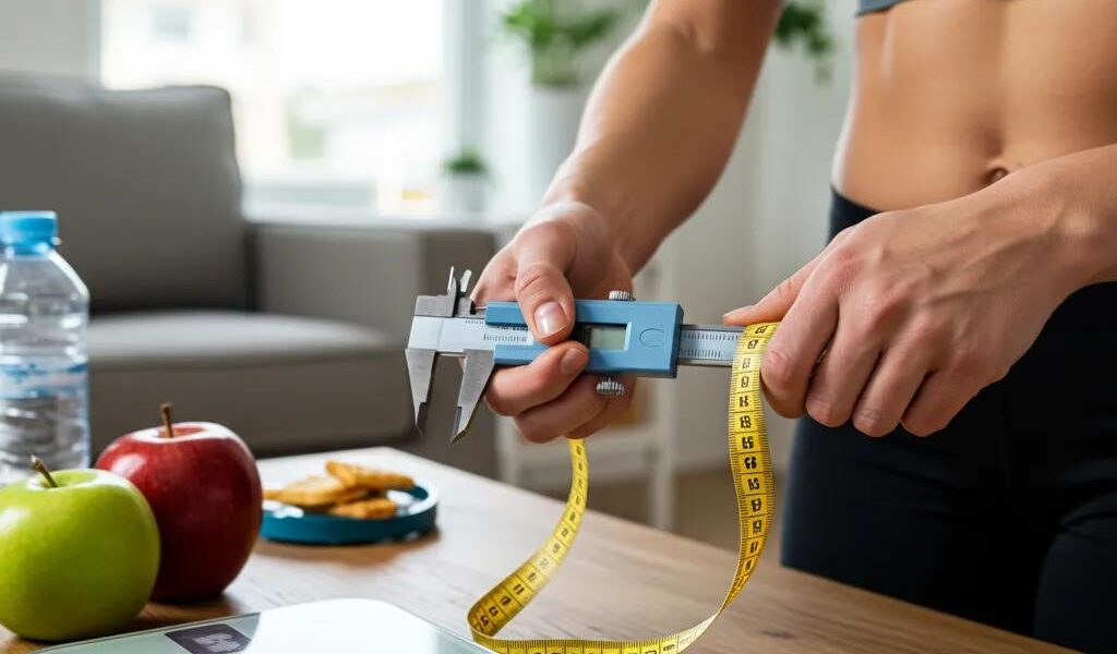 Person measuring body fat percentage with caliper in a bright home setting, emphasizing health and fitness