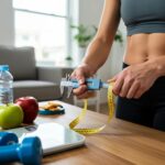 Person measuring body fat percentage with caliper in a bright home setting, emphasizing health and fitness