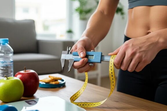 Person measuring body fat percentage with caliper in a bright home setting, emphasizing health and fitness