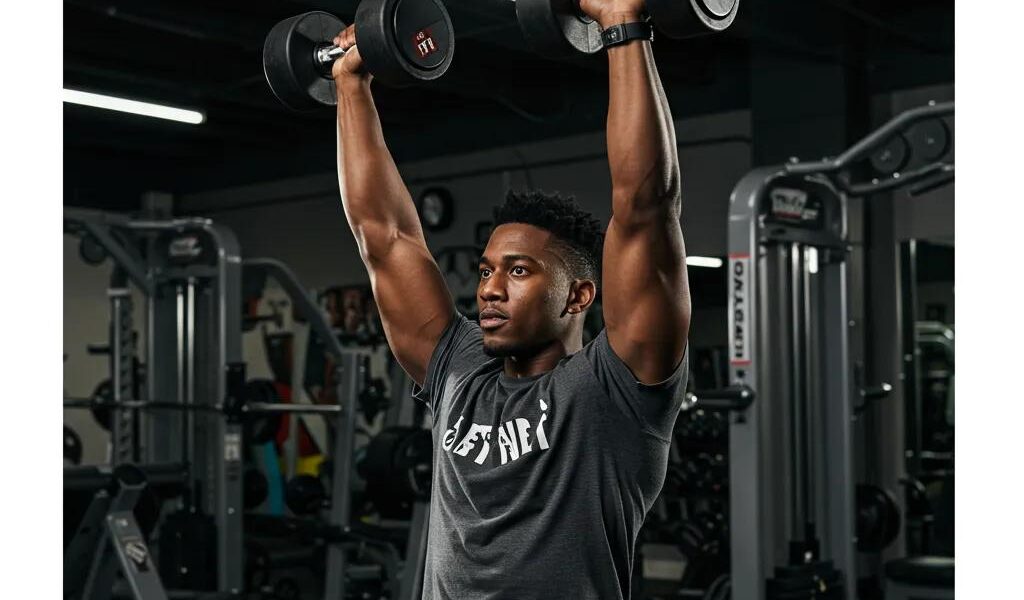 Person performing shoulder exercises with dumbbells in a gym, highlighting effective shoulder training techniques.